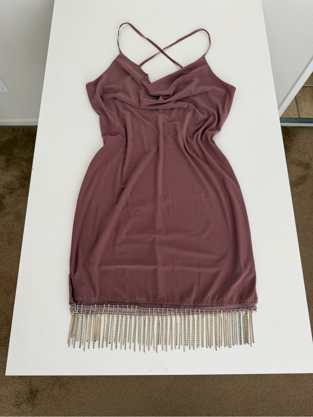 Strappy Mauve Slip Dress with Rhinestone Fringe Hem